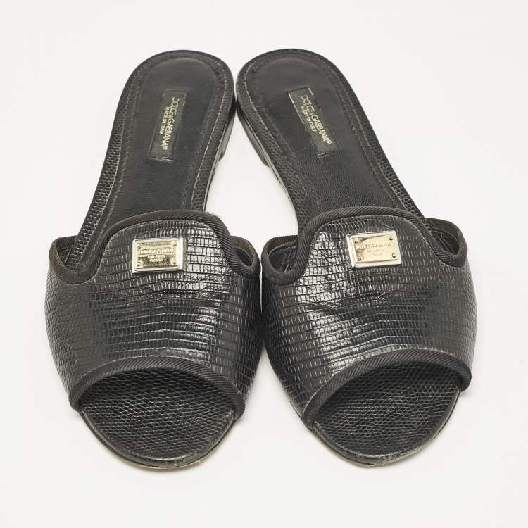 Pre Owned Dolce & Gabbana Black Embossed Leather Sofia Flat Slide Sandals Size 37