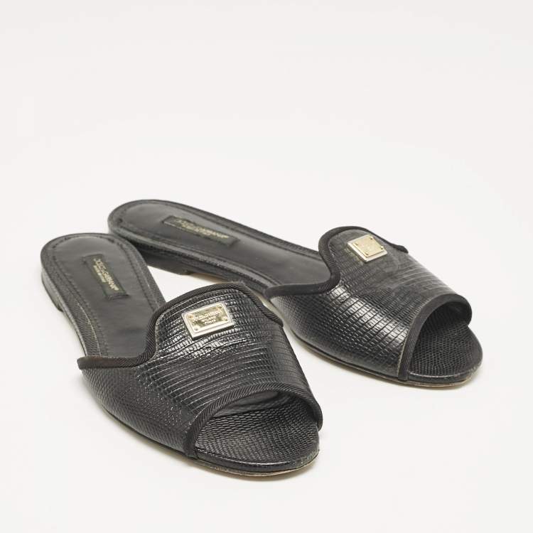 Pre Owned Dolce & Gabbana Black Embossed Leather Sofia Flat Slide Sandals Size 37