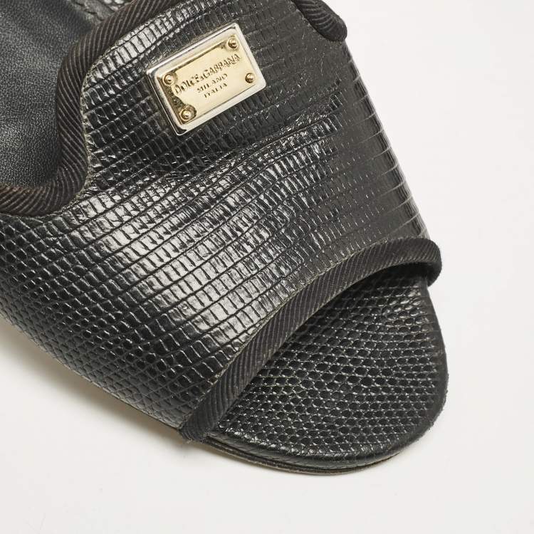 Pre Owned Dolce & Gabbana Black Embossed Leather Sofia Flat Slide Sandals Size 37