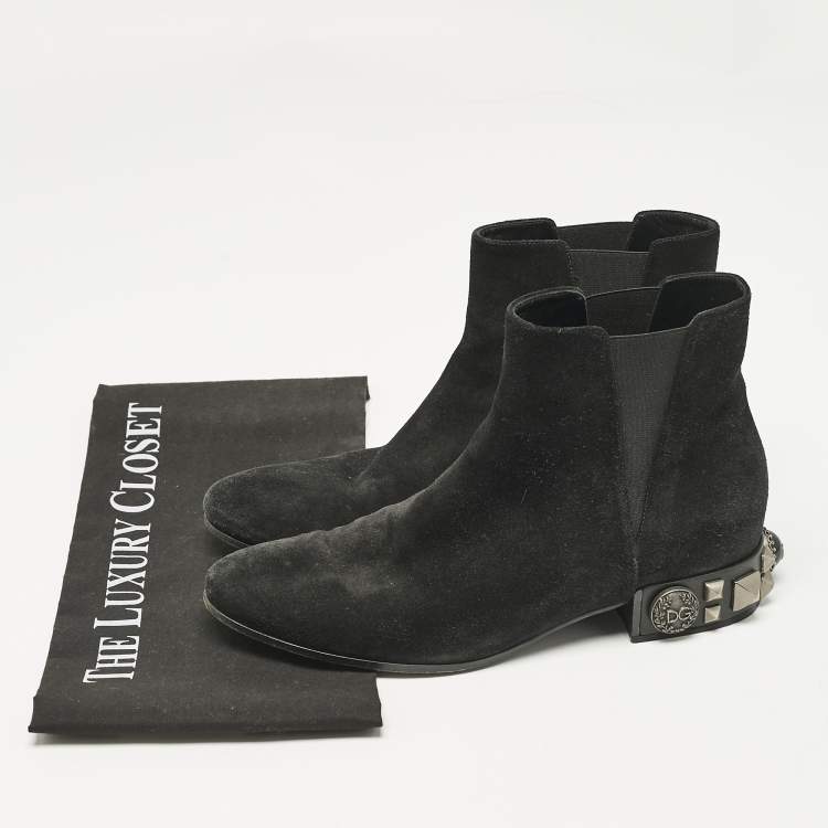 Pre Owned Dolce & Gabbana Black Suede Studded Heel Ankle Length Boots Size 37