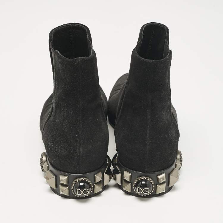 Pre Owned Dolce & Gabbana Black Suede Studded Heel Ankle Length Boots Size 37