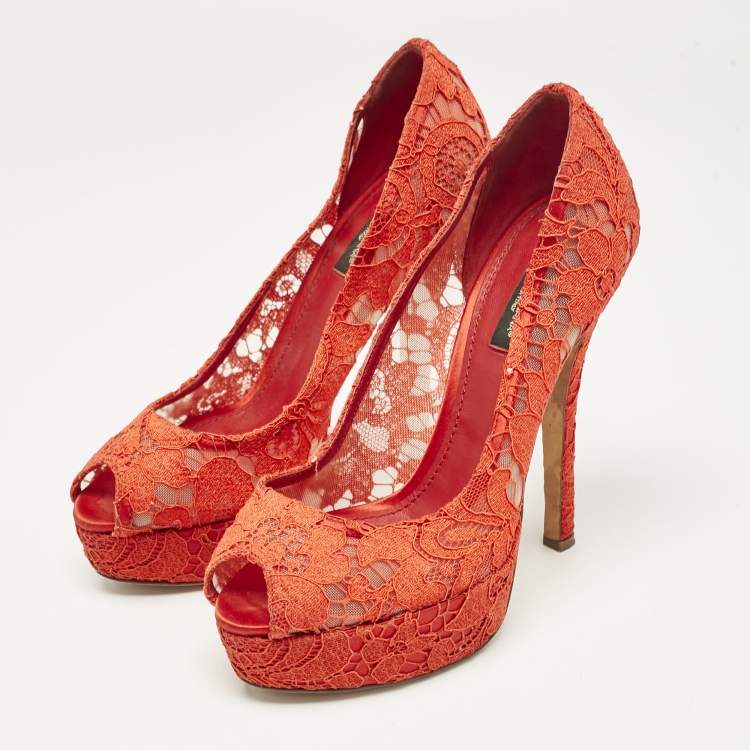 Pre Owned Dolce & Gabbana Red Mesh Platform Peep Toe Pumps Size 38