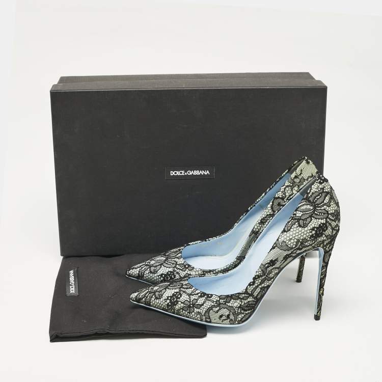 Pre Owned Dolce & Gabbana Black/Blue Lace and Patent Leather Pointed Toe Pumps Size 39