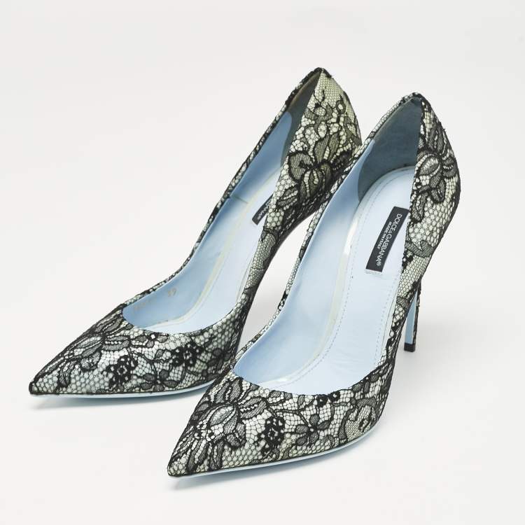 Pre Owned Dolce & Gabbana Black/Blue Lace and Patent Leather Pointed Toe Pumps Size 39