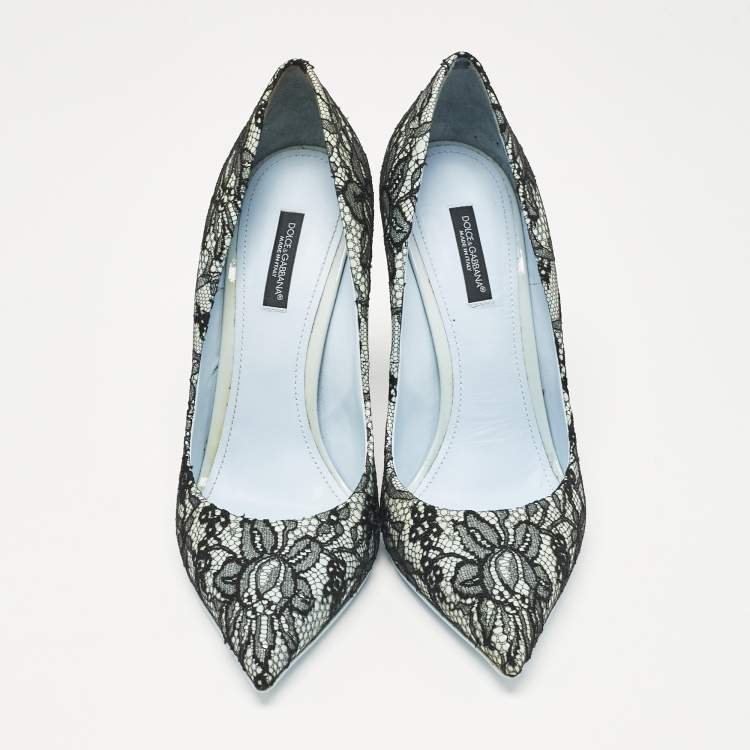 Pre Owned Dolce & Gabbana Black/Blue Lace and Patent Leather Pointed Toe Pumps Size 39