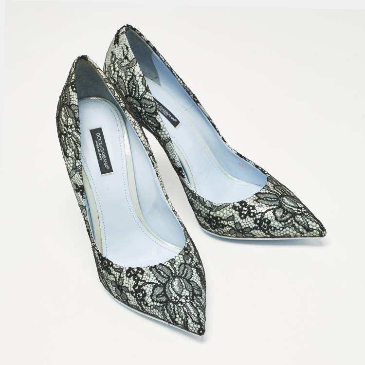 Pre Owned Dolce & Gabbana Black/Blue Lace and Patent Leather Pointed Toe Pumps Size 39