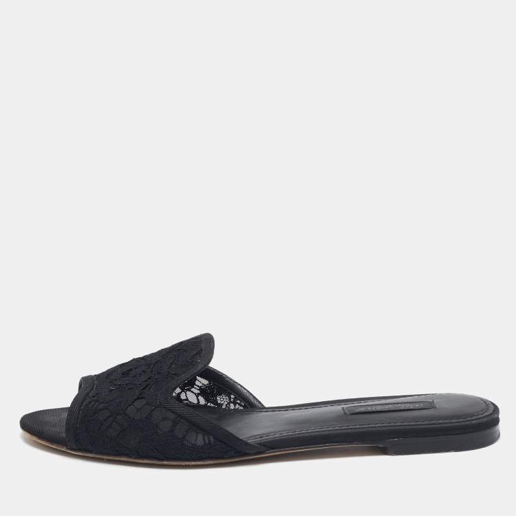 Pre Owned Dolce & Gabbana Black Lace and Mesh Flat Slides Size 36.5