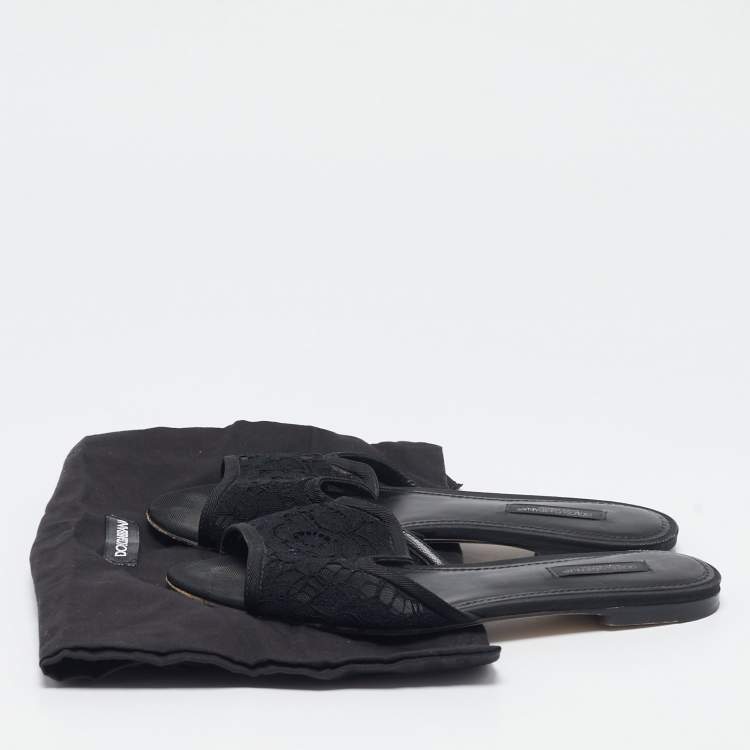 Pre Owned Dolce & Gabbana Black Lace and Mesh Flat Slides Size 36.5