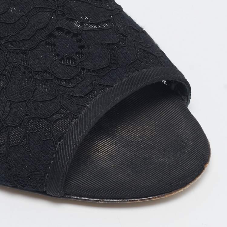 Pre Owned Dolce & Gabbana Black Lace and Mesh Flat Slides Size 36.5
