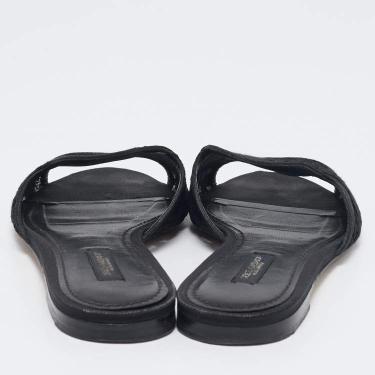 Pre Owned Dolce & Gabbana Black Lace and Mesh Flat Slides Size 36.5