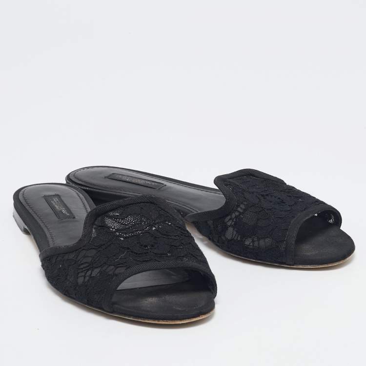 Pre Owned Dolce & Gabbana Black Lace and Mesh Flat Slides Size 36.5