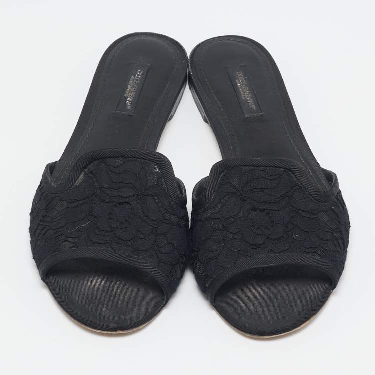 Pre Owned Dolce & Gabbana Black Lace and Mesh Flat Slides Size 36.5