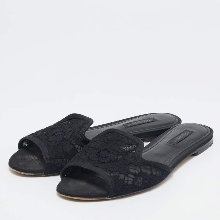 Pre Owned Dolce & Gabbana Black Lace and Mesh Flat Slides Size 36.5