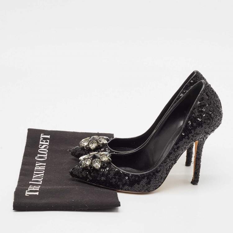 Pre Owned Dolce & Gabbana Black Sequins Crystal Embellished Bellucci Pumps Size 38