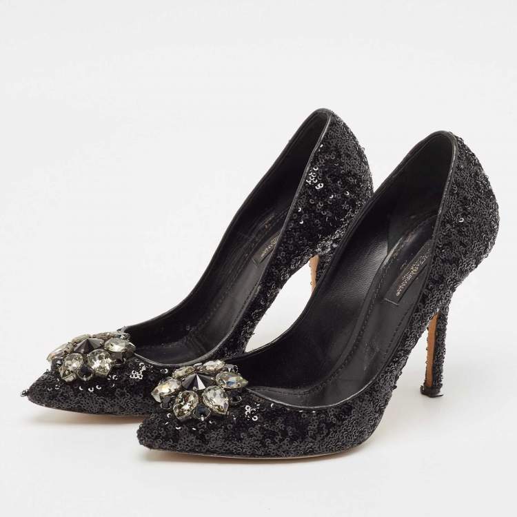 Pre Owned Dolce & Gabbana Black Sequins Crystal Embellished Bellucci Pumps Size 38
