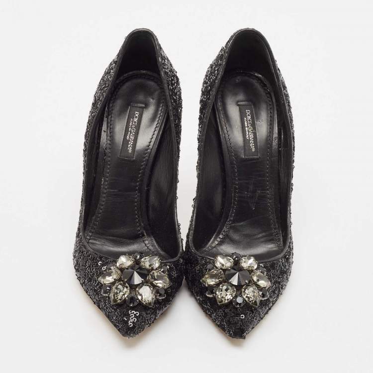 Pre Owned Dolce & Gabbana Black Sequins Crystal Embellished Bellucci Pumps Size 38