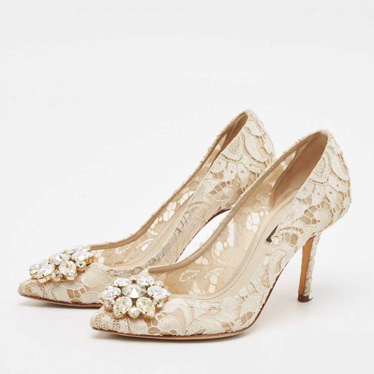 Pre Owned Dolce & Gabbana White Lace and Mesh Bellucci Pumps Size 36