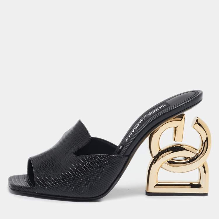Pre Owned Dolce & Gabbana Black Lizard Embossed Leather Keira Slide Sandals Size 39