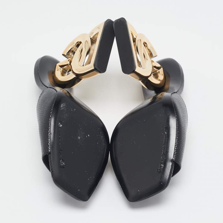 Pre Owned Dolce & Gabbana Black Lizard Embossed Leather Keira Slide Sandals Size 39
