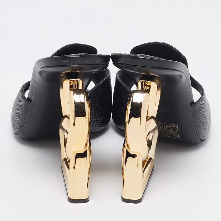 Pre Owned Dolce & Gabbana Black Lizard Embossed Leather Keira Slide Sandals Size 39
