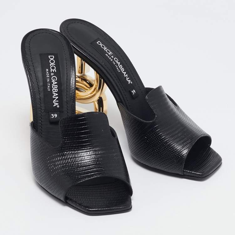 Pre Owned Dolce & Gabbana Black Lizard Embossed Leather Keira Slide Sandals Size 39