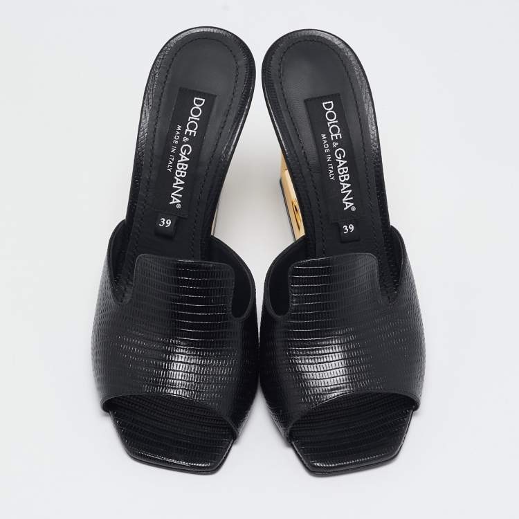 Pre Owned Dolce & Gabbana Black Lizard Embossed Leather Keira Slide Sandals Size 39