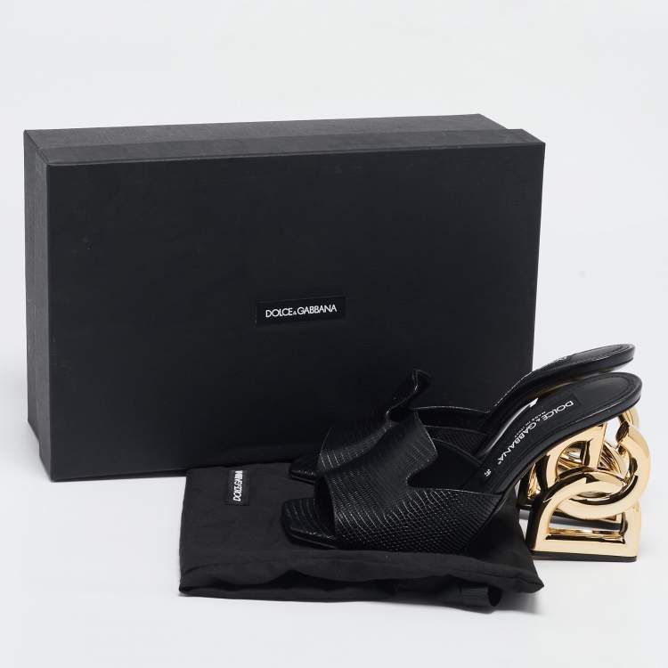 Pre Owned Dolce & Gabbana Black Lizard Embossed Leather Keira Slide Sandals Size 39