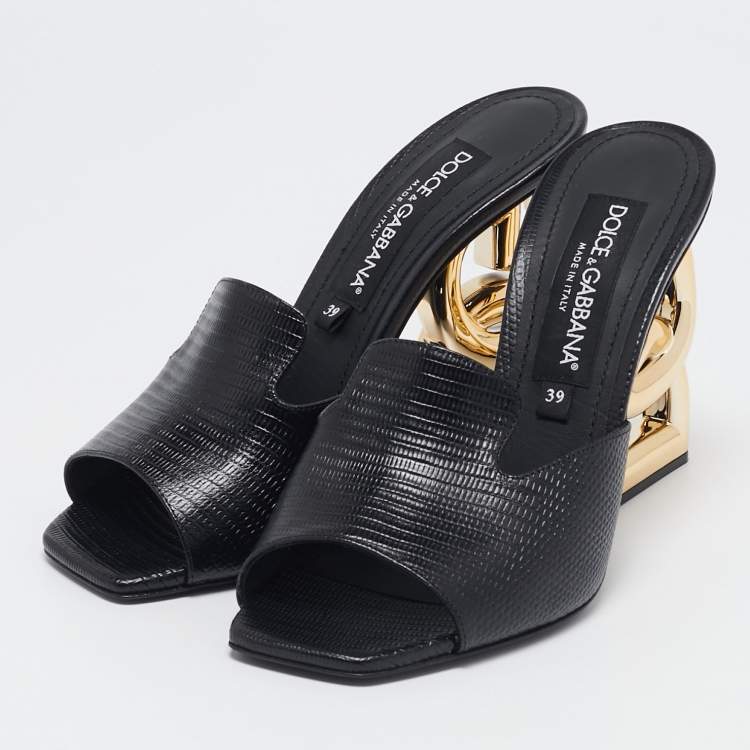 Pre Owned Dolce & Gabbana Black Lizard Embossed Leather Keira Slide Sandals Size 39