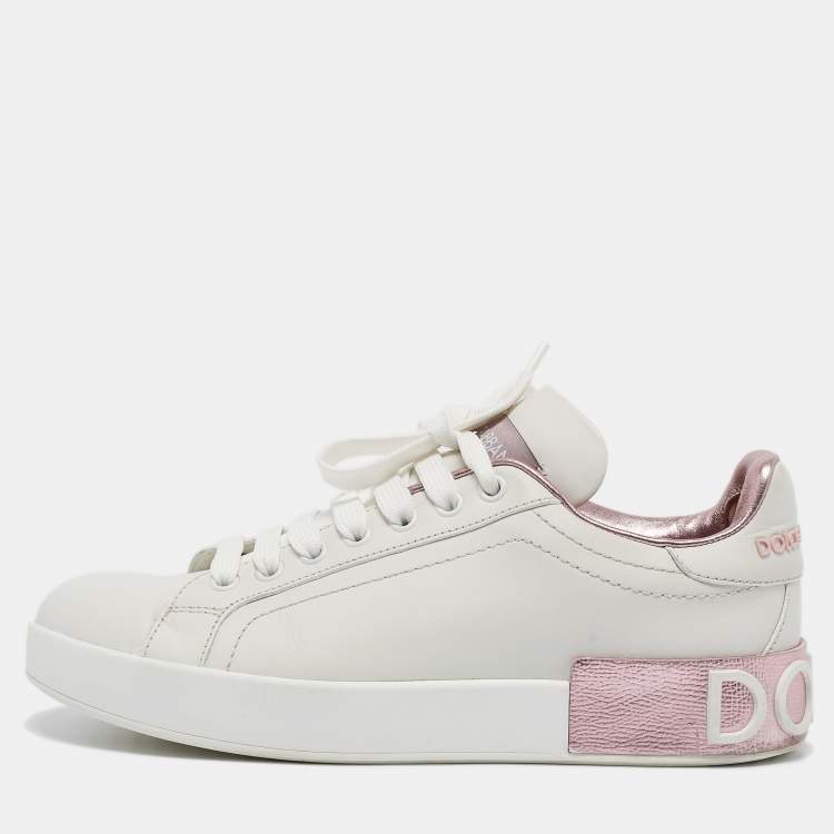 Pre Owned Dolce & Gabbana White/Pink  Leather Portofino Low Top Sneakers Size 38