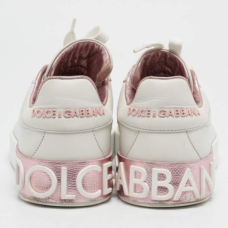 Pre Owned Dolce & Gabbana White/Pink  Leather Portofino Low Top Sneakers Size 38