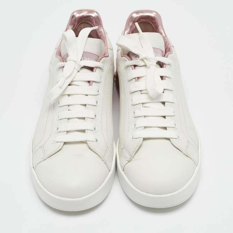 Pre Owned Dolce & Gabbana White/Pink  Leather Portofino Low Top Sneakers Size 38