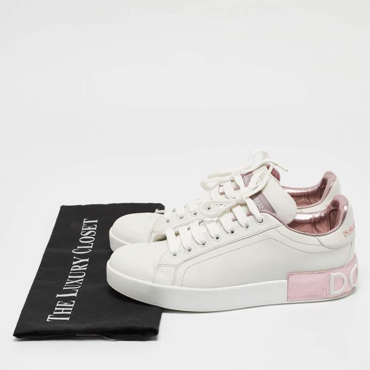 Pre Owned Dolce & Gabbana White/Pink  Leather Portofino Low Top Sneakers Size 38