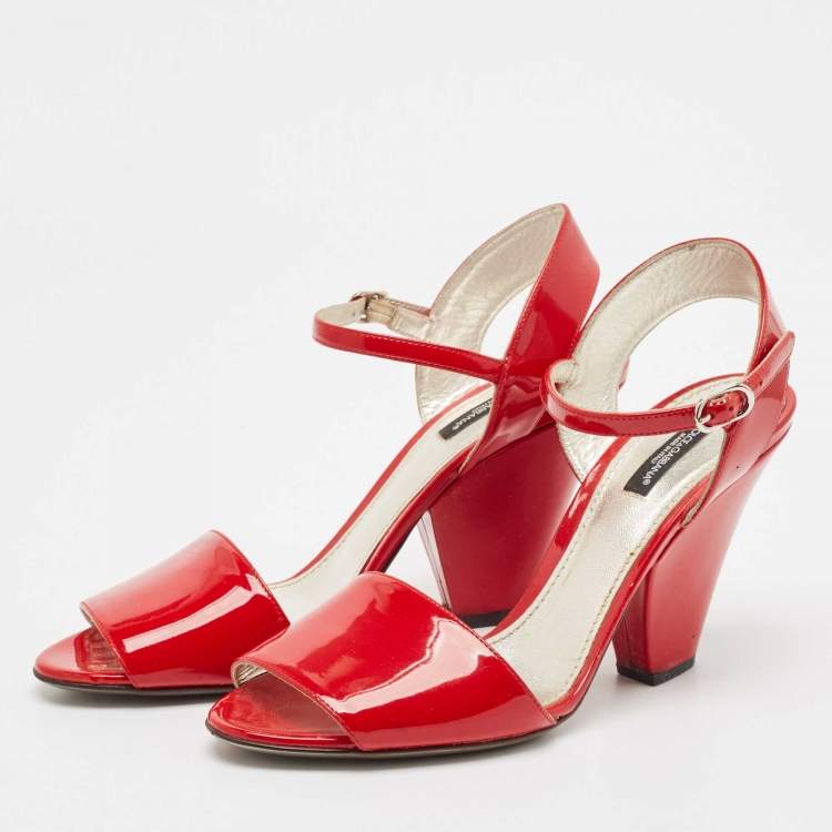 Pre Owned Dolce & Gabbana Red Patent Leather Block Heel Ankle Strap Sandals Size 39