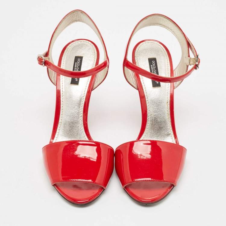 Pre Owned Dolce & Gabbana Red Patent Leather Block Heel Ankle Strap Sandals Size 39