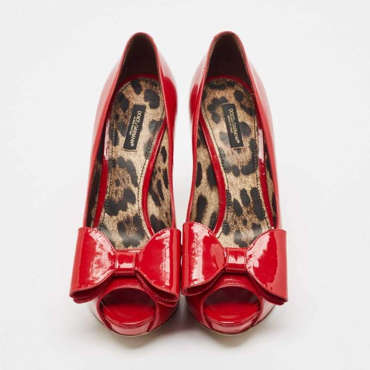 Pre Owned Dolce & Gabbana Red Patent Leather Bow Peep Toe Platform Pumps Size 39
