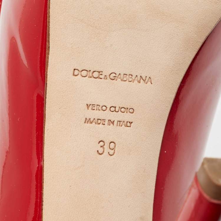 Pre Owned Dolce & Gabbana Red Patent Leather Bow Peep Toe Platform Pumps Size 39