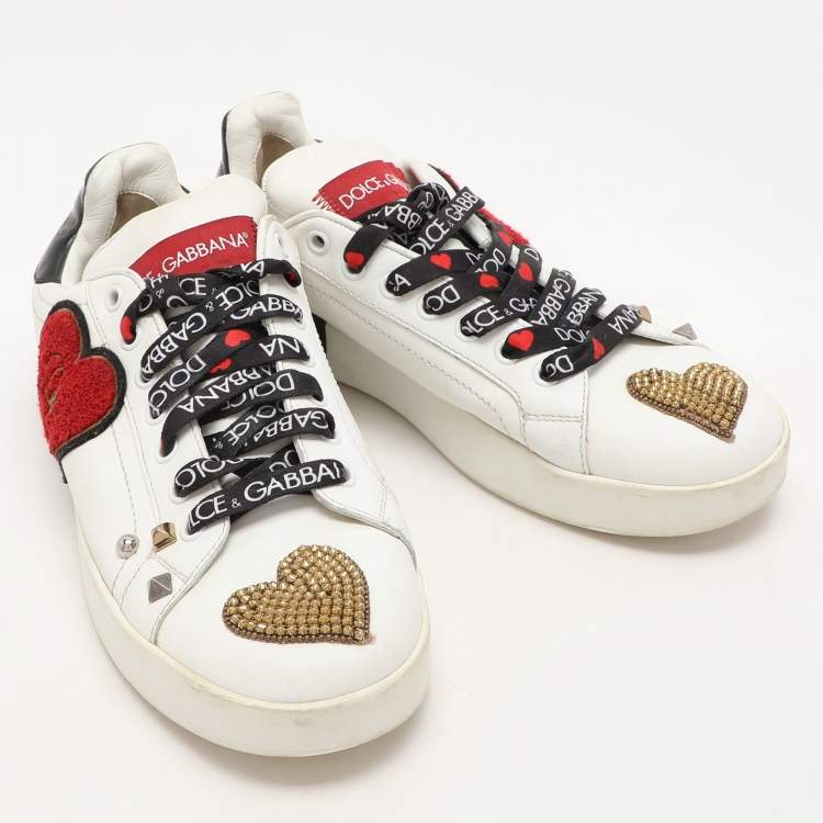 Pre Owned Dolce & Gabbana White Leather Portofino Heart Low Top Sneakers Size 39