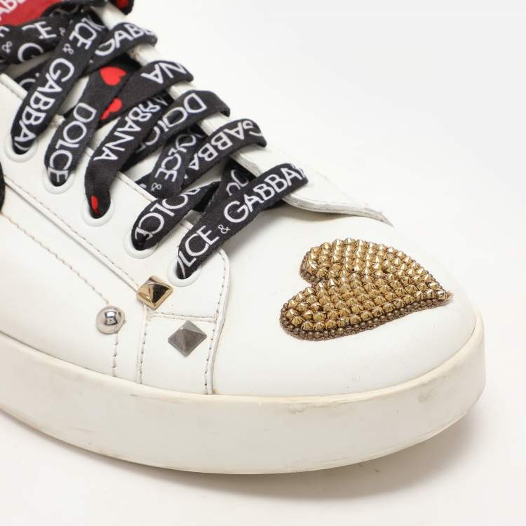 Pre Owned Dolce & Gabbana White Leather Portofino Heart Low Top Sneakers Size 39