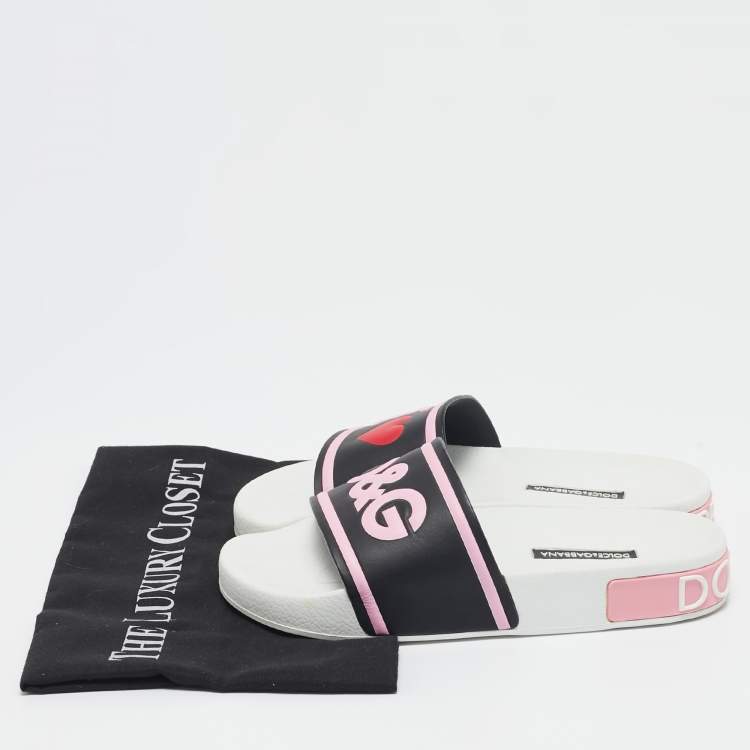 Pre Owned Dolce & Gabbana Black/Pink Rubber I Love Flat Slides Size 35
