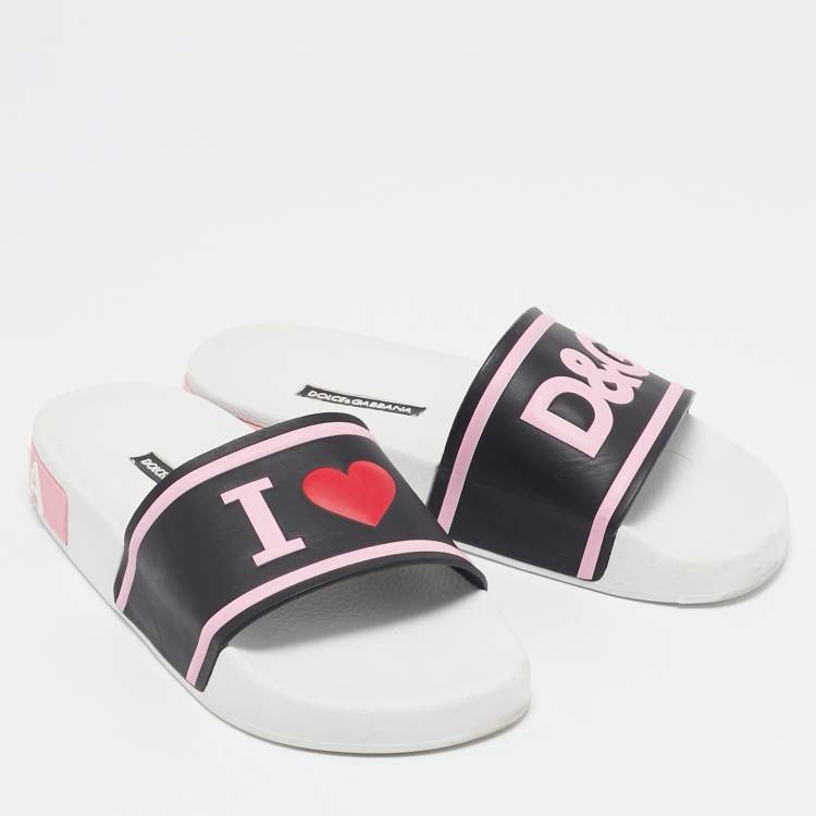 Pre Owned Dolce & Gabbana Black/Pink Rubber I Love Flat Slides Size 35