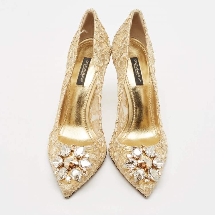 Pre Owned Dolce & Gabbana Gold Lace and Mesh Bellucci Pumps Size 38