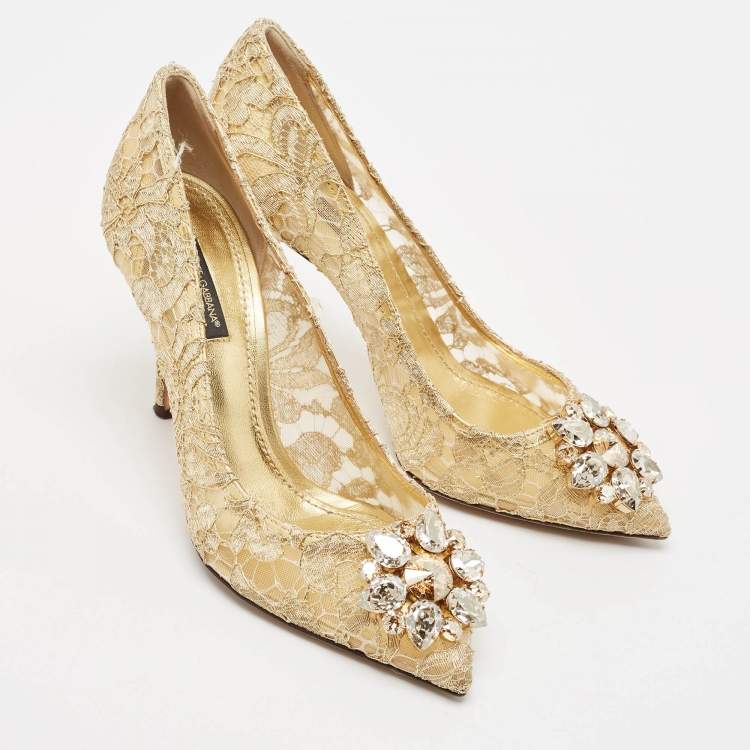 Pre Owned Dolce & Gabbana Gold Lace and Mesh Bellucci Pumps Size 38