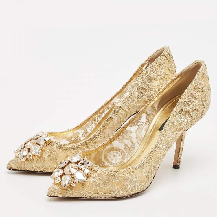Pre Owned Dolce & Gabbana Gold Lace and Mesh Bellucci Pumps Size 38