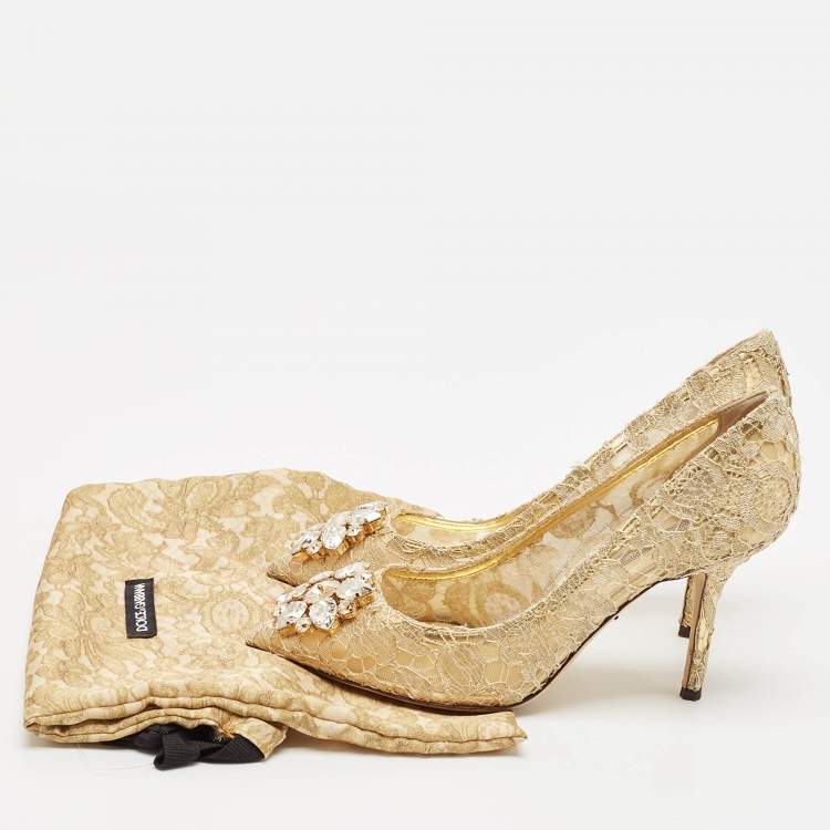 Pre Owned Dolce & Gabbana Gold Lace and Mesh Bellucci Pumps Size 38