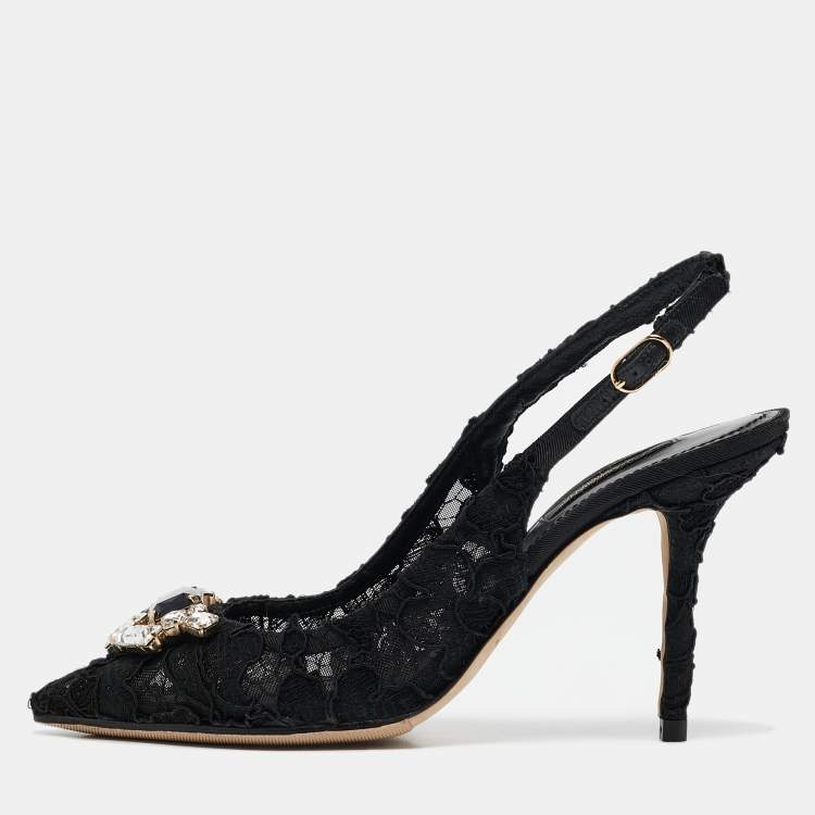 Pre Owned Dolce & Gabbana Black Lace Crystals Embellished Slingback Pumps Size 39