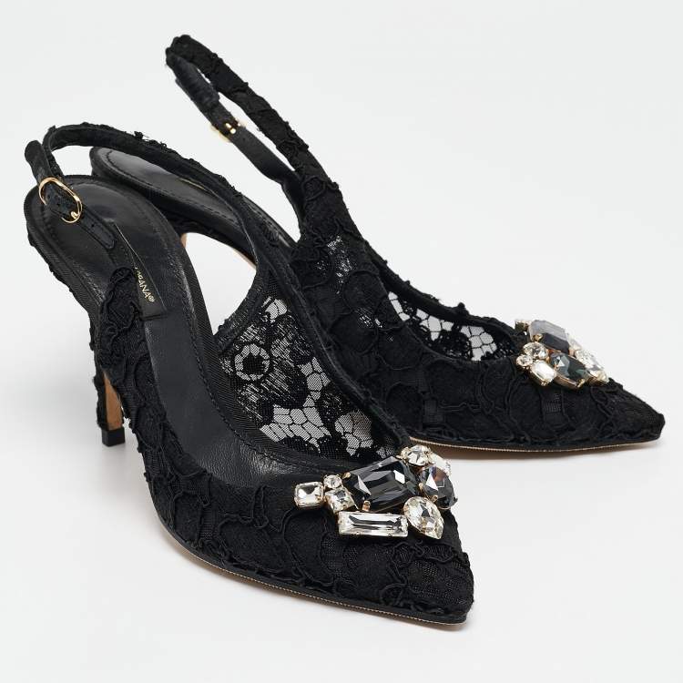 Pre Owned Dolce & Gabbana Black Lace Crystals Embellished Slingback Pumps Size 39