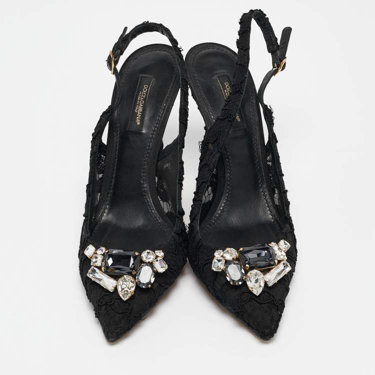 Pre Owned Dolce & Gabbana Black Lace Crystals Embellished Slingback Pumps Size 39