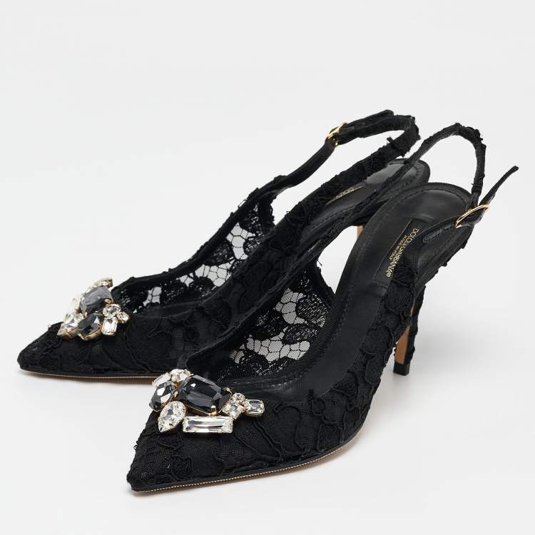 Pre Owned Dolce & Gabbana Black Lace Crystals Embellished Slingback Pumps Size 39