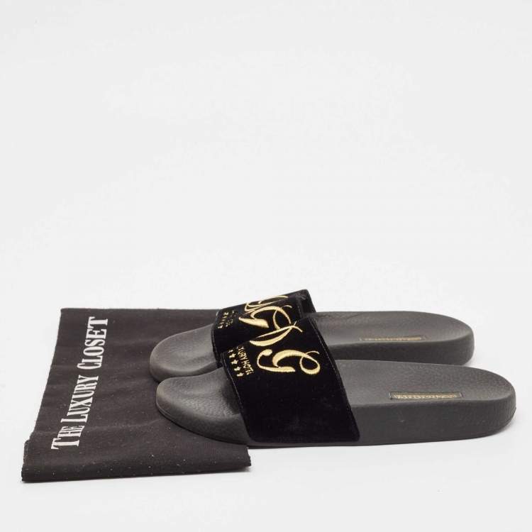 Pre Owned Dolce & Gabbana Black Velvet DG Embroidered Flat Pool Slides Size 37