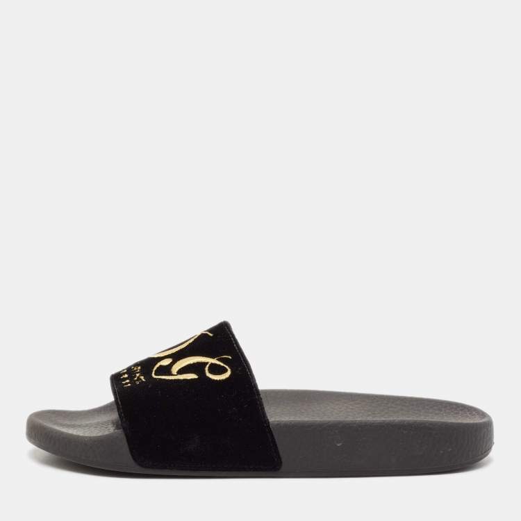 Pre Owned Dolce & Gabbana Black Velvet DG Embroidered Flat Pool Slides Size 37